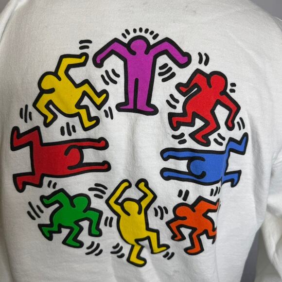Keith Haring White Hoodie Dancing Figures Graphic Pullover Art Sweatshirt Large - Picture 3 of 10